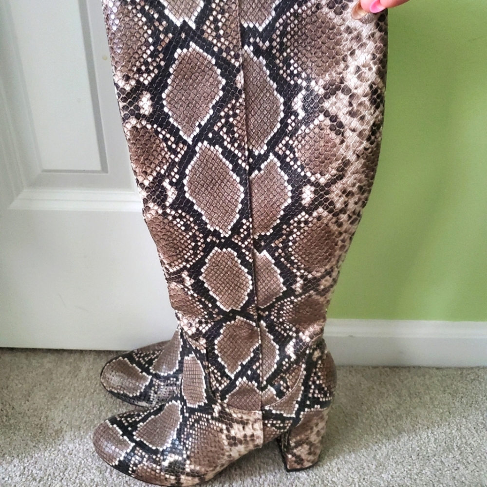Faux snakeskin knee high boots